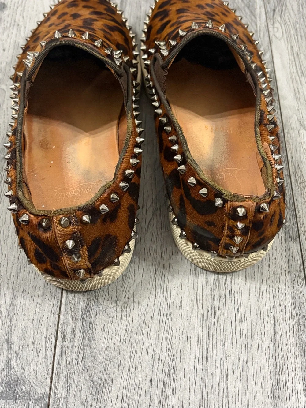 Christian Louboutin Pik Boat Brown Leopard Slip-On Studded Loafers Calf Hair
